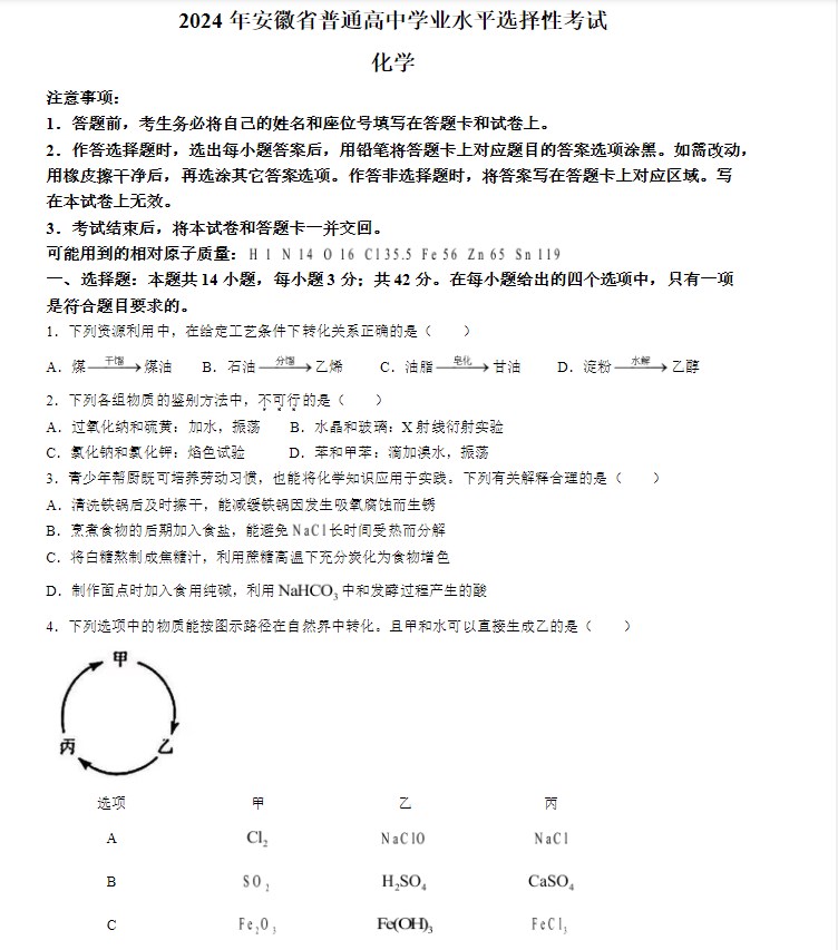 2024年安徽省高考化学真题图片